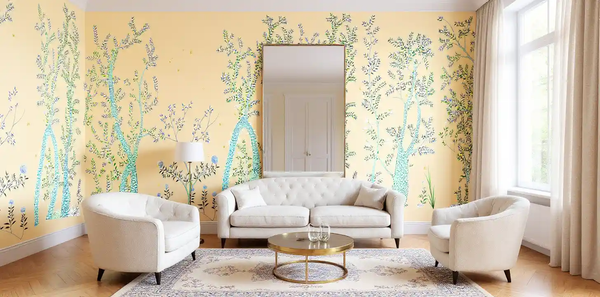 Nude floral metallic leaf Chinoiserie wallpaper in living room, bright and stylish
