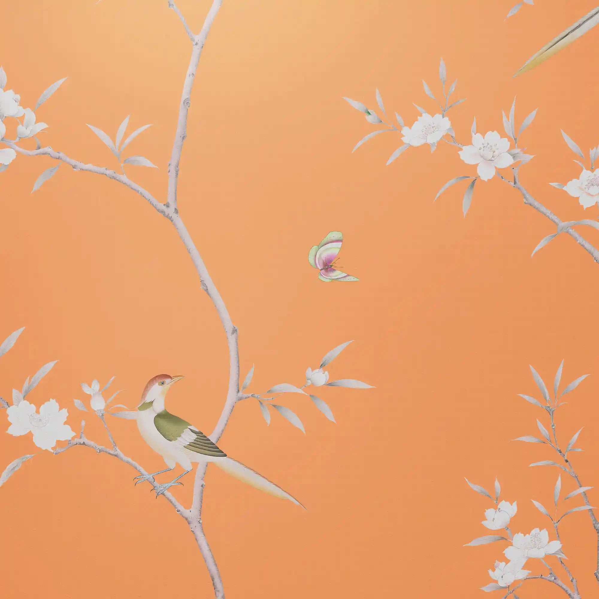 橙色中国风花卉墙纸特写，显示出精美的手绘花卉细节。