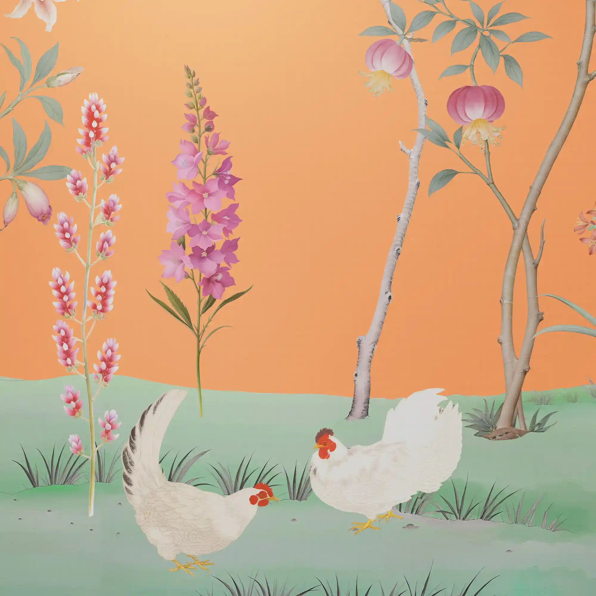 欢快的橙色中国风碎花墙纸，带有活泼的复古风格图案。