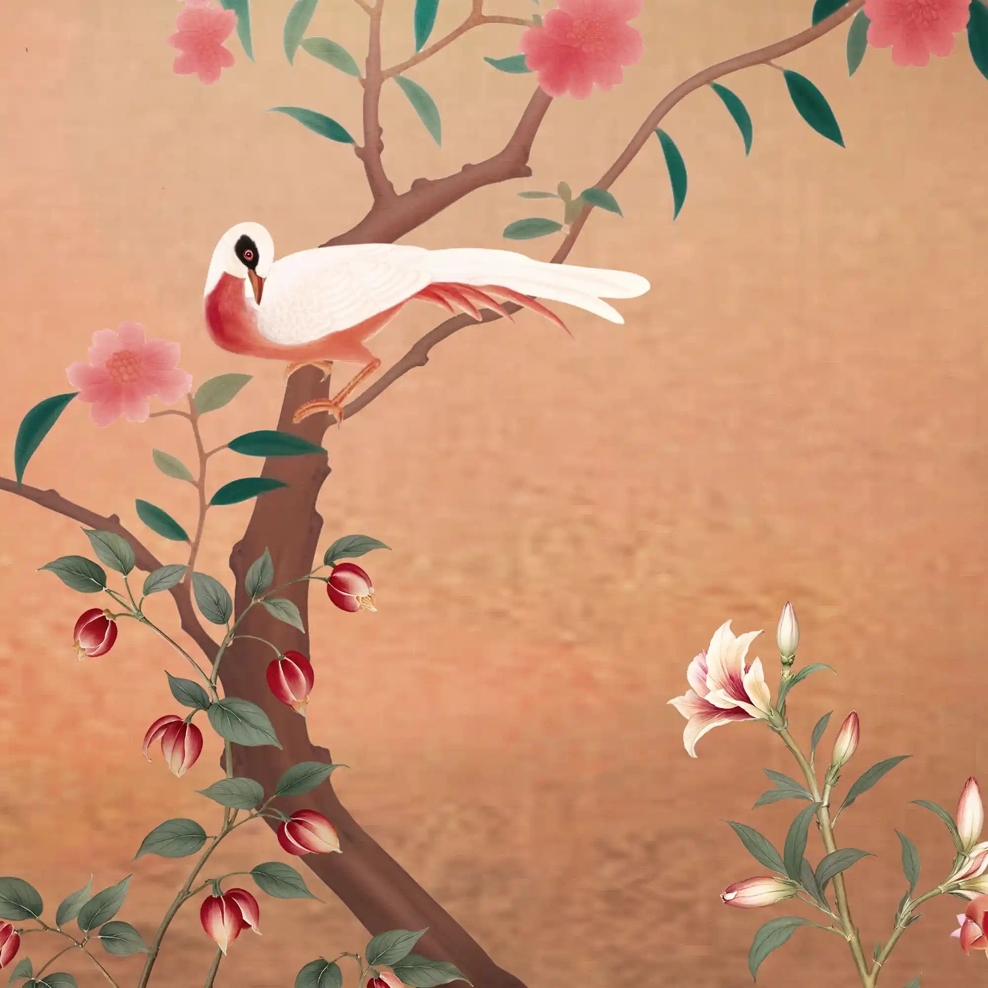 亮橙色的中国风碎花墙纸，配以经典的温馨色调。