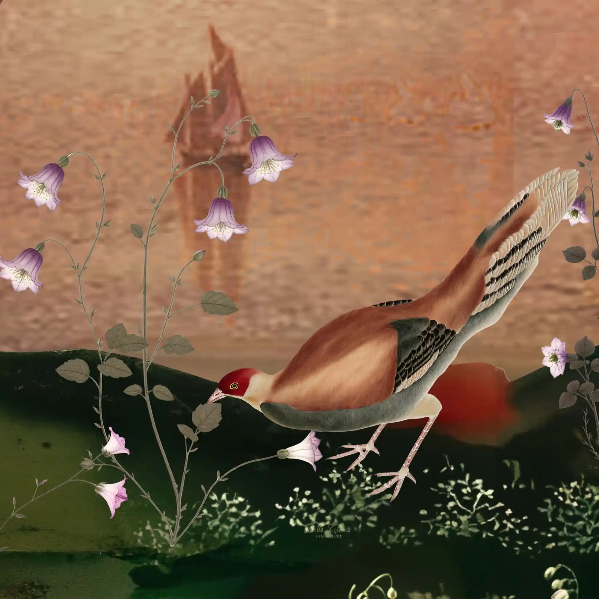 橙色中国风墙纸特写，显示出细致的花卉结构和柔和的光泽。