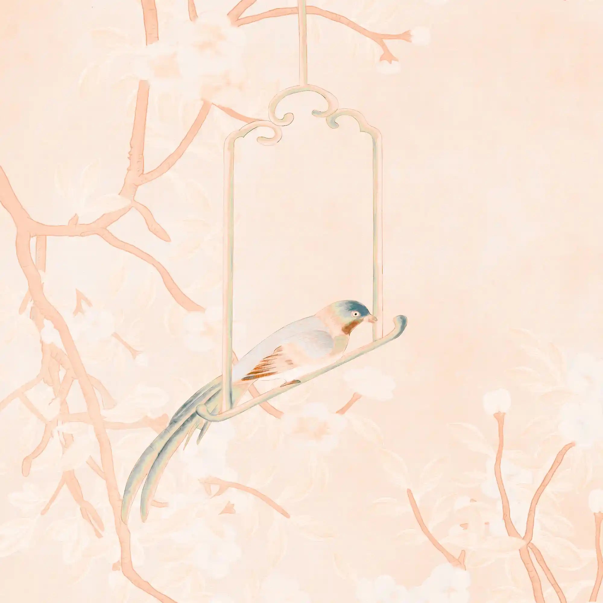 Orange sunlit floral Chinoiserie wallpaper with vintage-inspired charm and elegance.