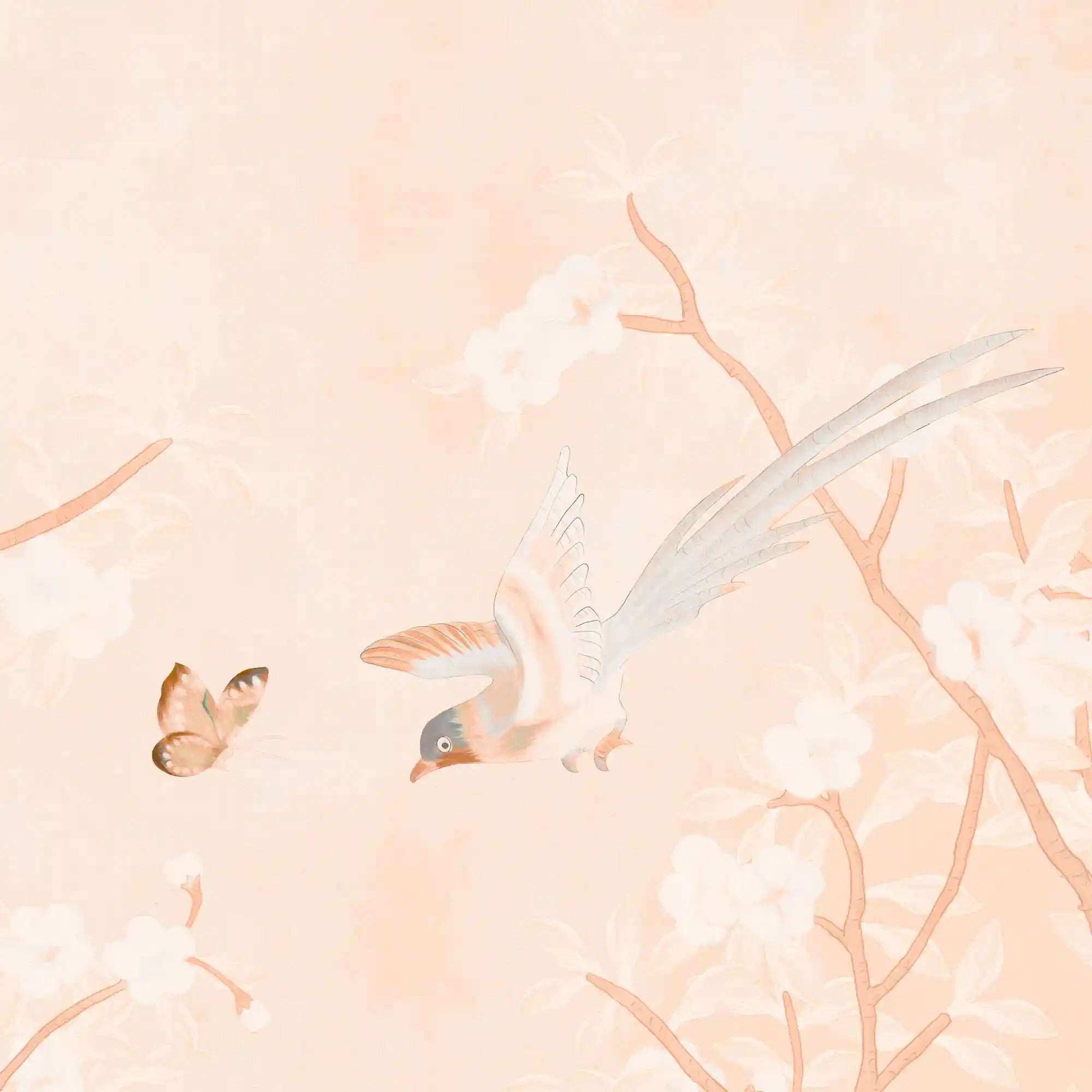 Close-up of sunlit floral Chinoiserie wallpaper showing warm tone and soft texture.