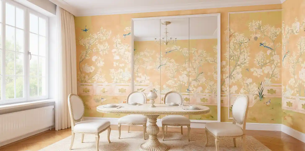 Orange Floral Chinoiserie wallpaper in dining room, bright and elegant