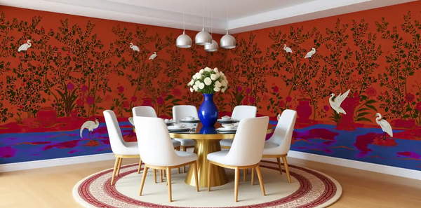 Orange flower Chinoiserie wallpaper in dining room, bright and elegant
