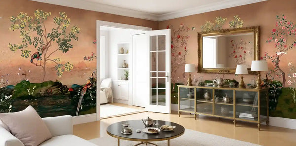 Orange floral Chinoiserie wallpaper in foyer, bright and elegant