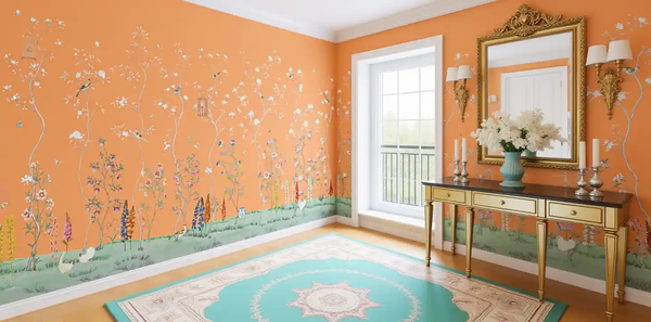 Orange floral Chinoiserie wallpaper in living room, bright and cheerful