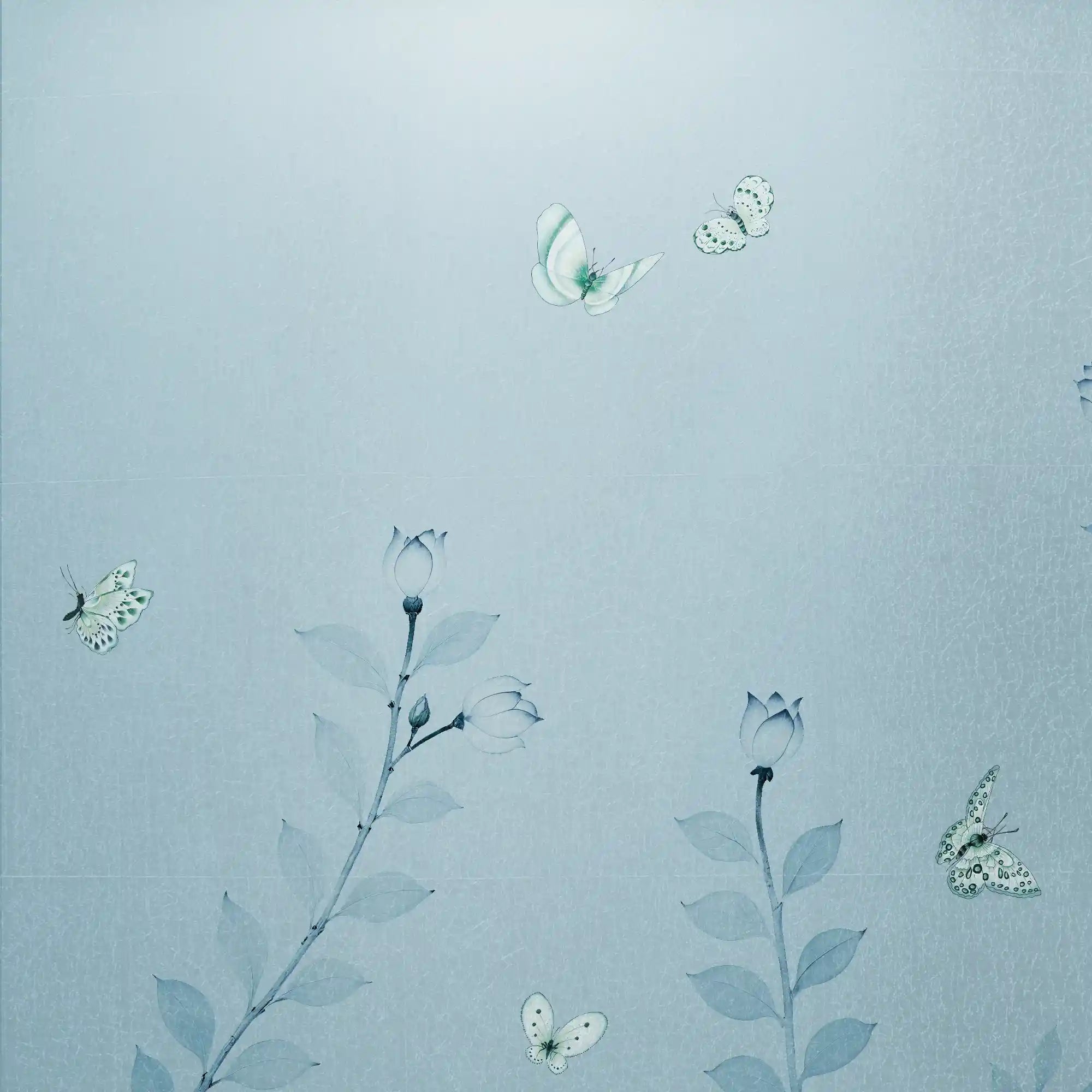 Close-up of pastel blue botanical metallic leaf Chinoiserie wallpaper showing detailed floral shine.