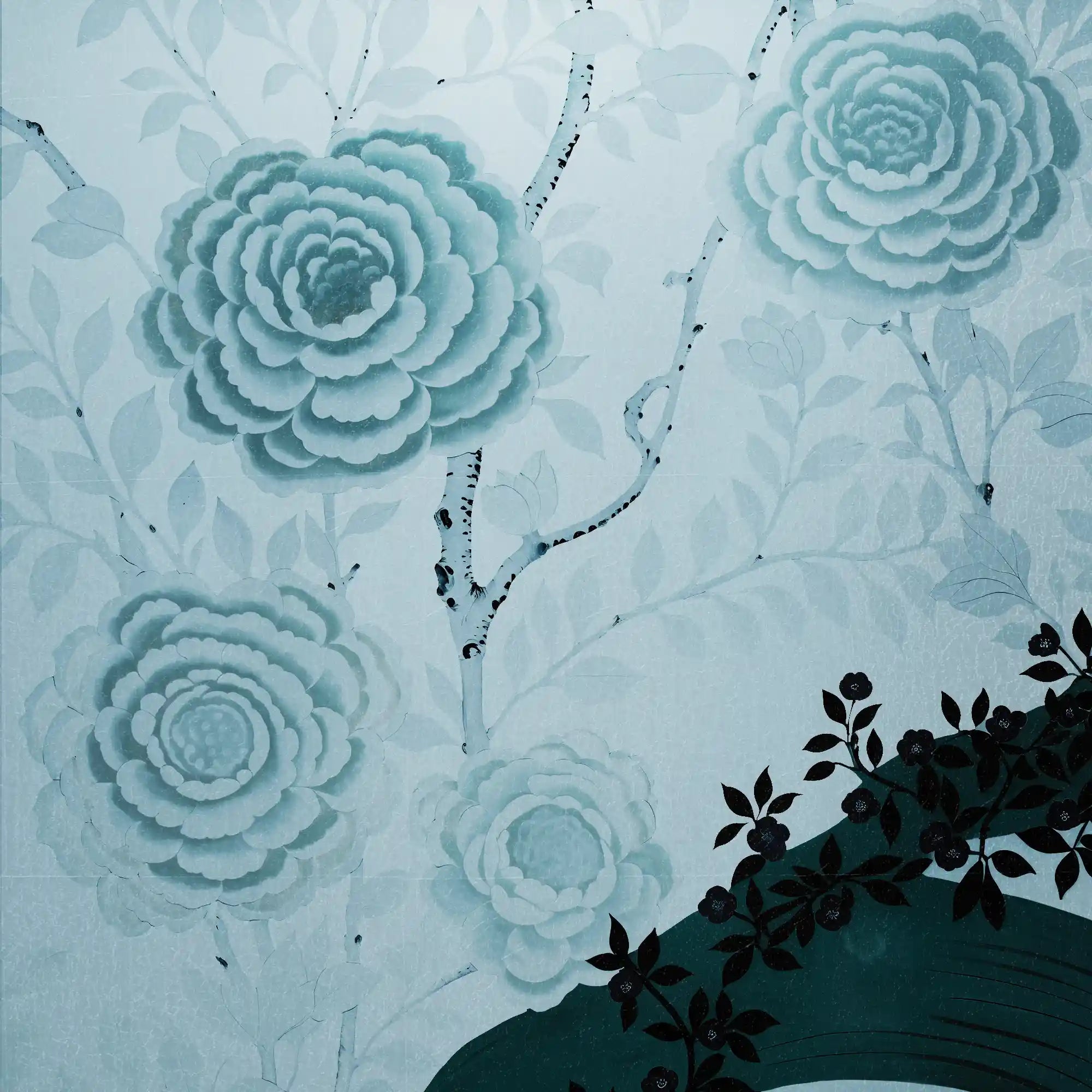 Elegant pastel blue botanical metallic leaf Chinoiserie wallpaper with soft metallic sheen and texture.