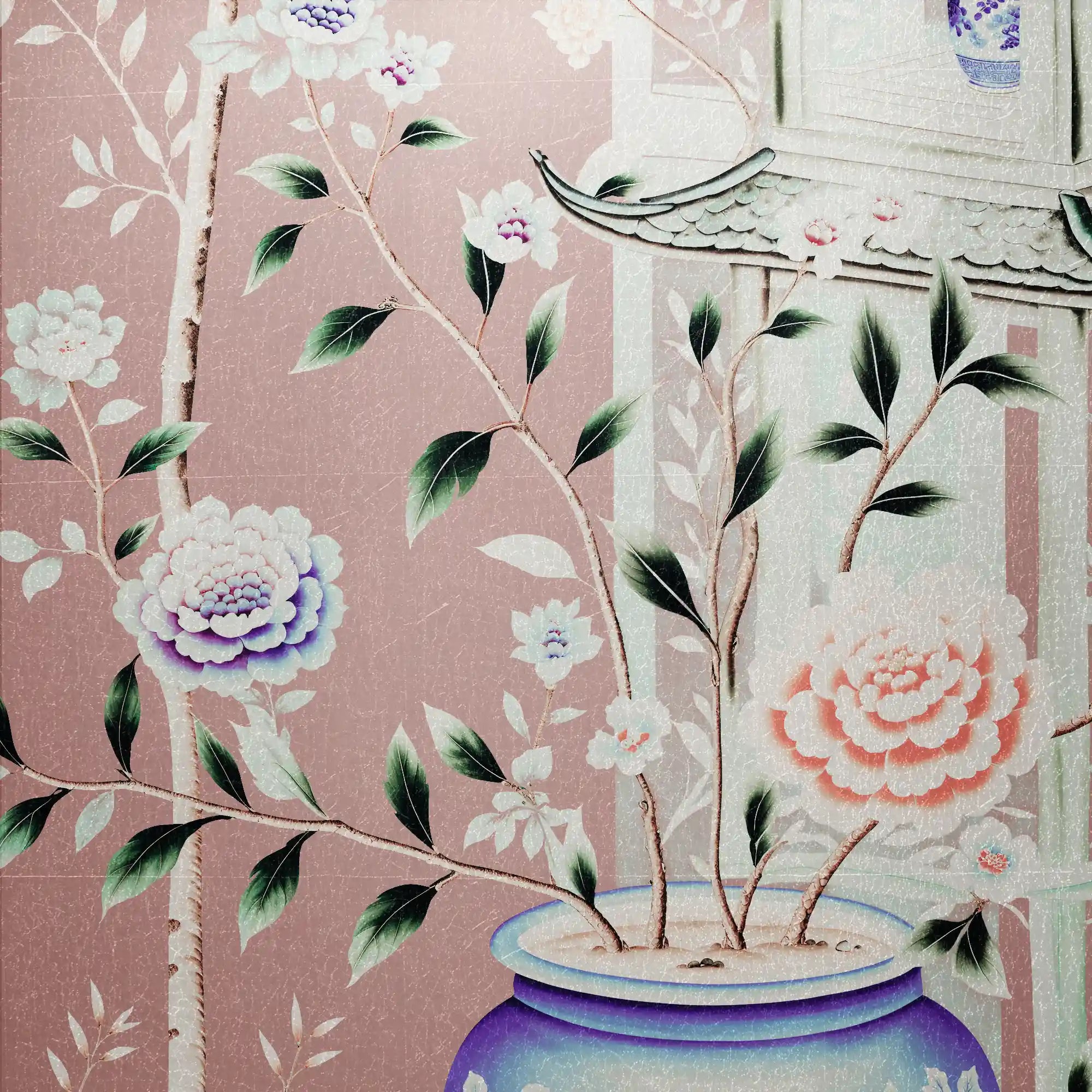 Close-up of pastel pink metallic leaf Chinoiserie wallpaper showing refined metallic artistry.