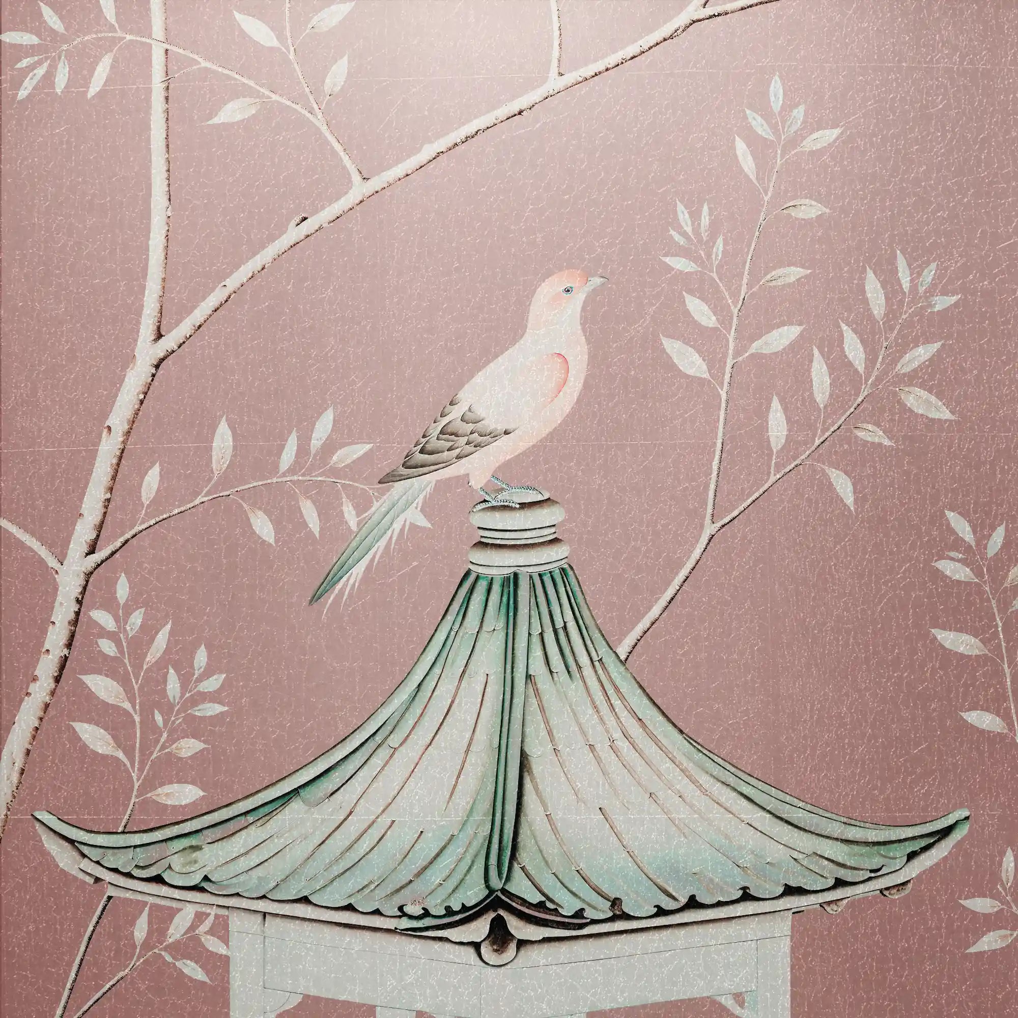 Dreamy pastel pink metallic leaf Chinoiserie wallpaper with delicate floral textures and soft sheen.