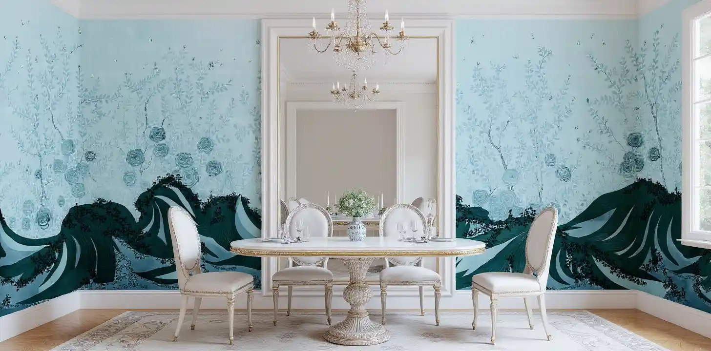 Pastel blue metallic leaf Chinoiserie wallpaper in dining room, elegant and bright