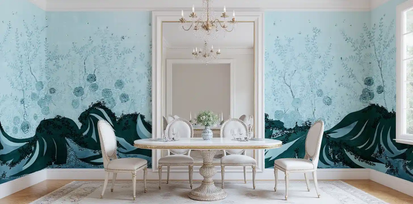 Pastel blue metallic leaf Chinoiserie wallpaper in dining room, elegant and bright