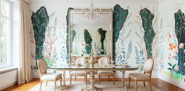 Pastel Chinoiserie wallpaper in dining room, bright and elegant