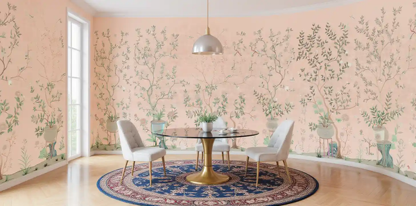 Pastel peach metallic leaf Chinoiserie wallpaper in dining room, soft and elegant