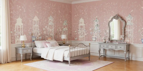 Pastel pink metallic leaf Chinoiserie wallpaper in bedroom, whimsical and elegant