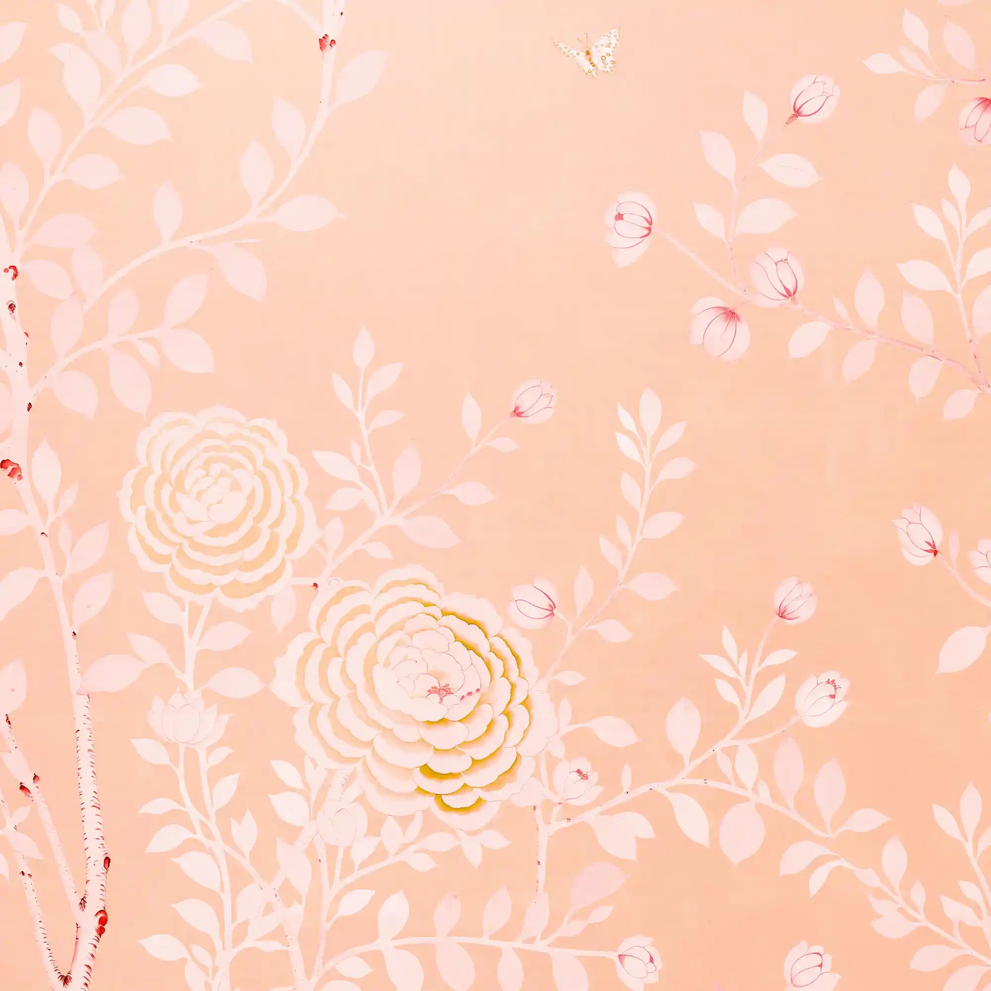 桃红色中国风墙纸特写，展现了温暖的粉色调和精致的设计。