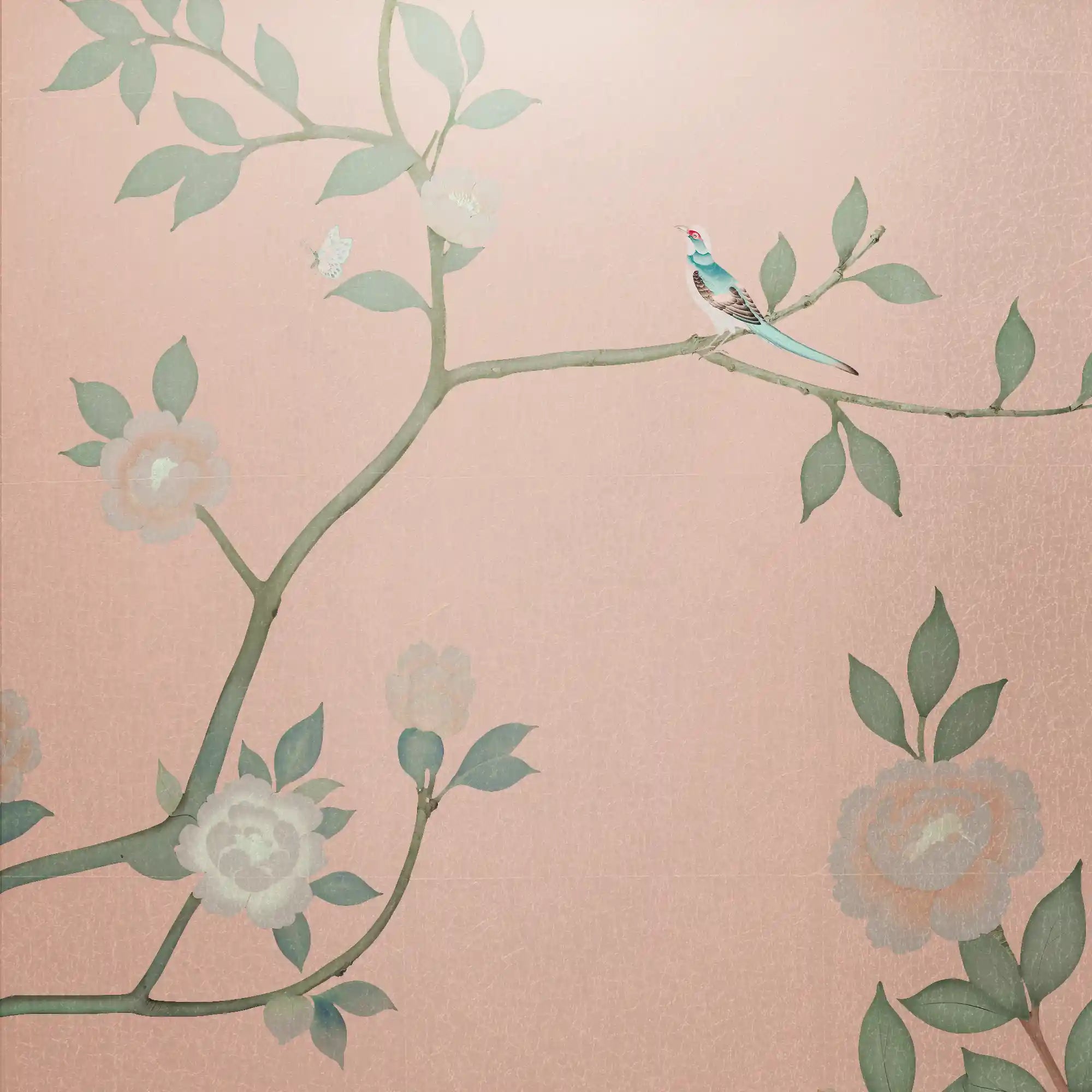 粉桃色金属叶中国风墙纸特写，展现出细腻的闪光细节。