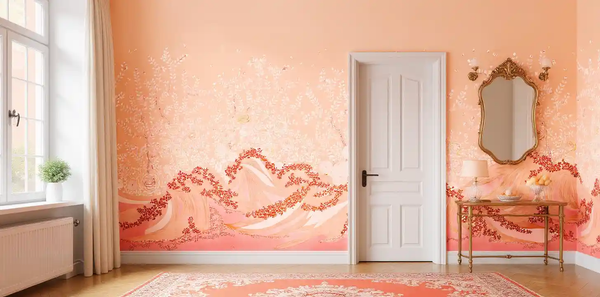 Peach Chinoiserie wallpaper in living room, bright and classic style