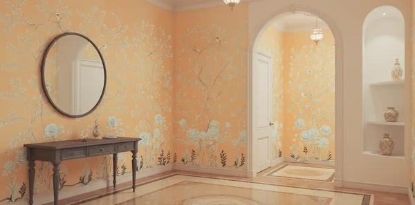 Peach floral metallic leaf Chinoiserie wallpaper in foyer, bright and charming