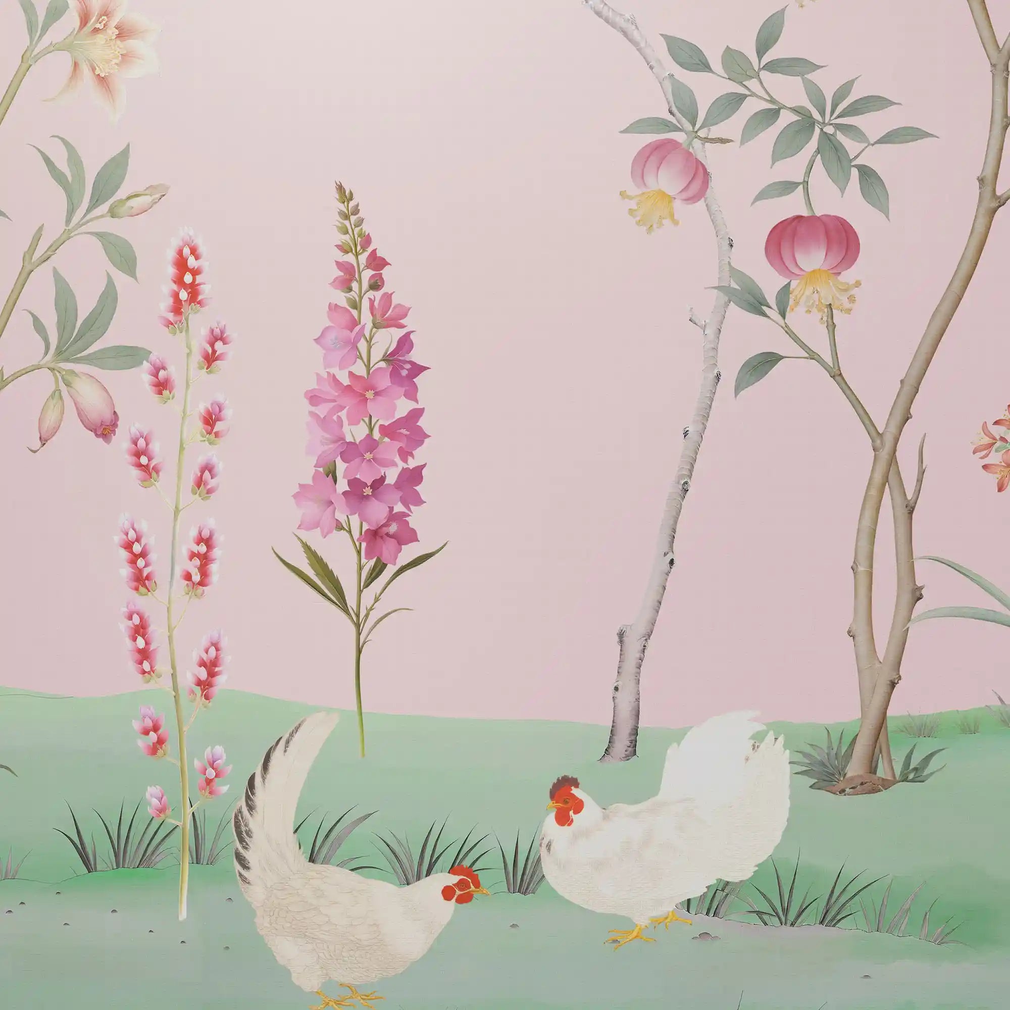 梦幻般的粉色中国风花卉墙纸，绽放出精致的花朵和优雅的线条。
