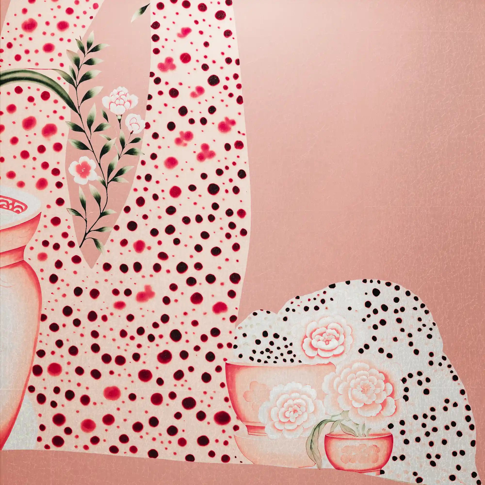 梦幻般的粉色花朵金属叶中国风墙纸，闪烁着浪漫的光泽，细节充满艺术气息。