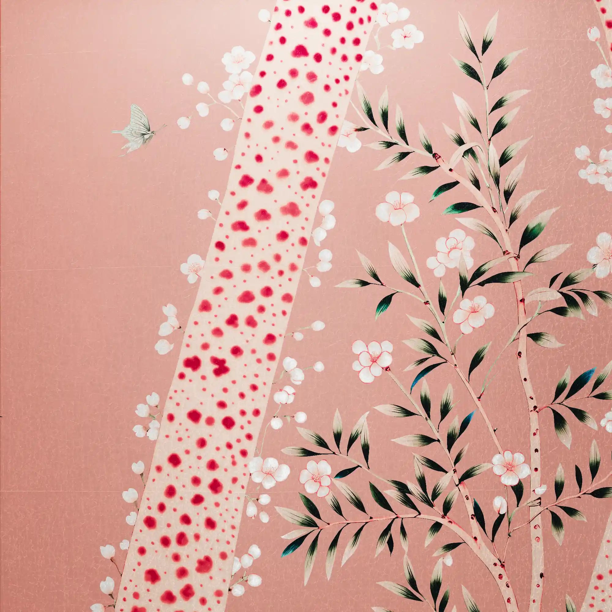 粉色花朵金属叶中国风墙纸特写，柔和的粉色光泽。