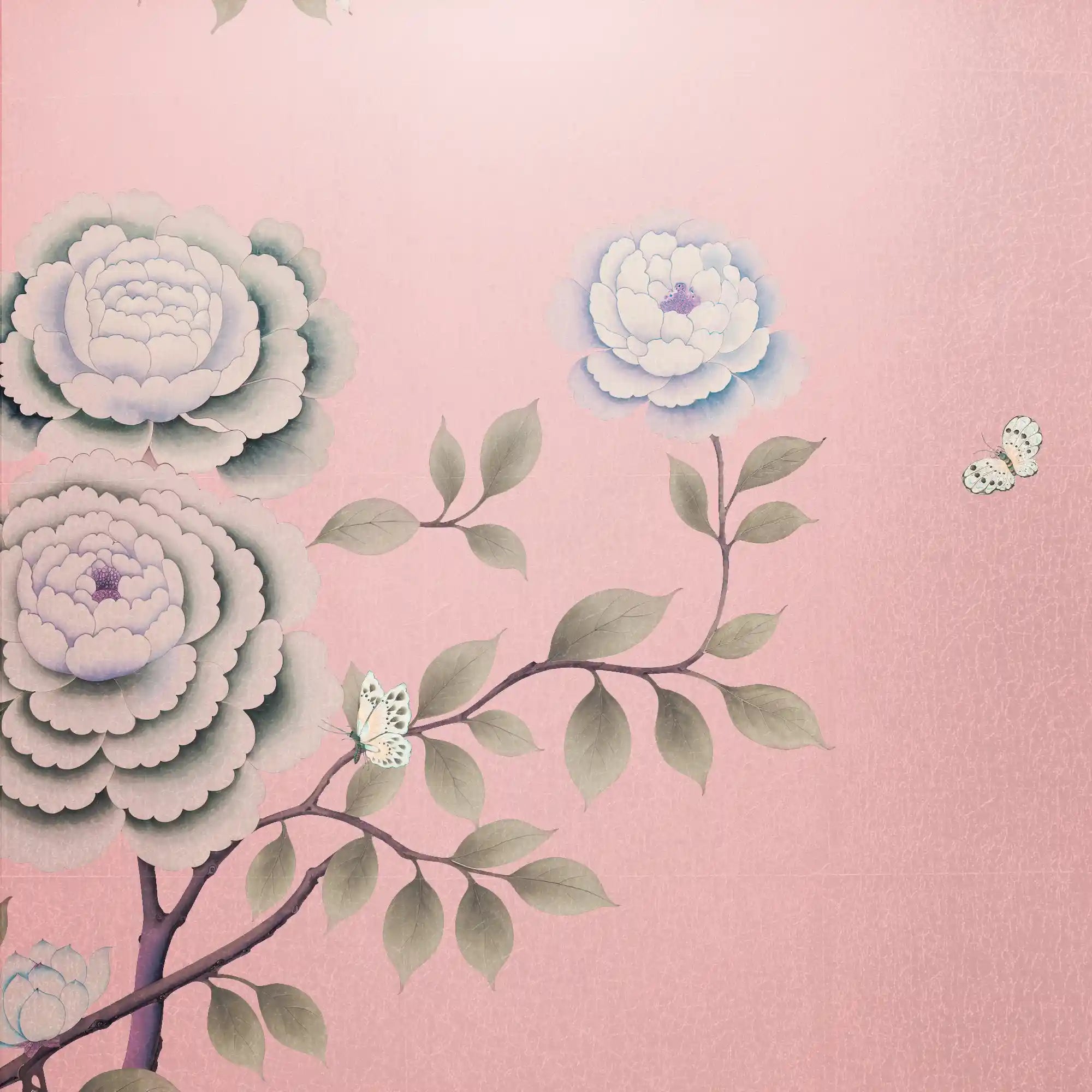 梦幻般的粉色花朵金属叶中国风墙纸，闪烁着复古风格的植物光泽。