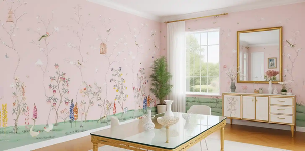 Pink floral Chinoiserie wallpaper in bedroom, delicate and dreamy