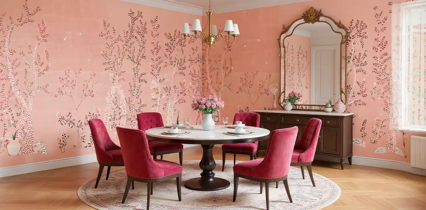 Pink floral metallic leaf Chinoiserie wallpaper in dining room, delicate and dreamy