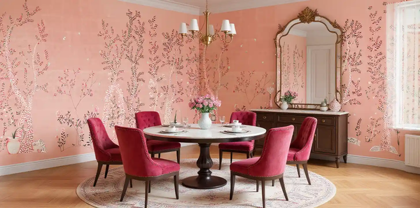 Pink floral metallic leaf Chinoiserie wallpaper in dining room, delicate and dreamy