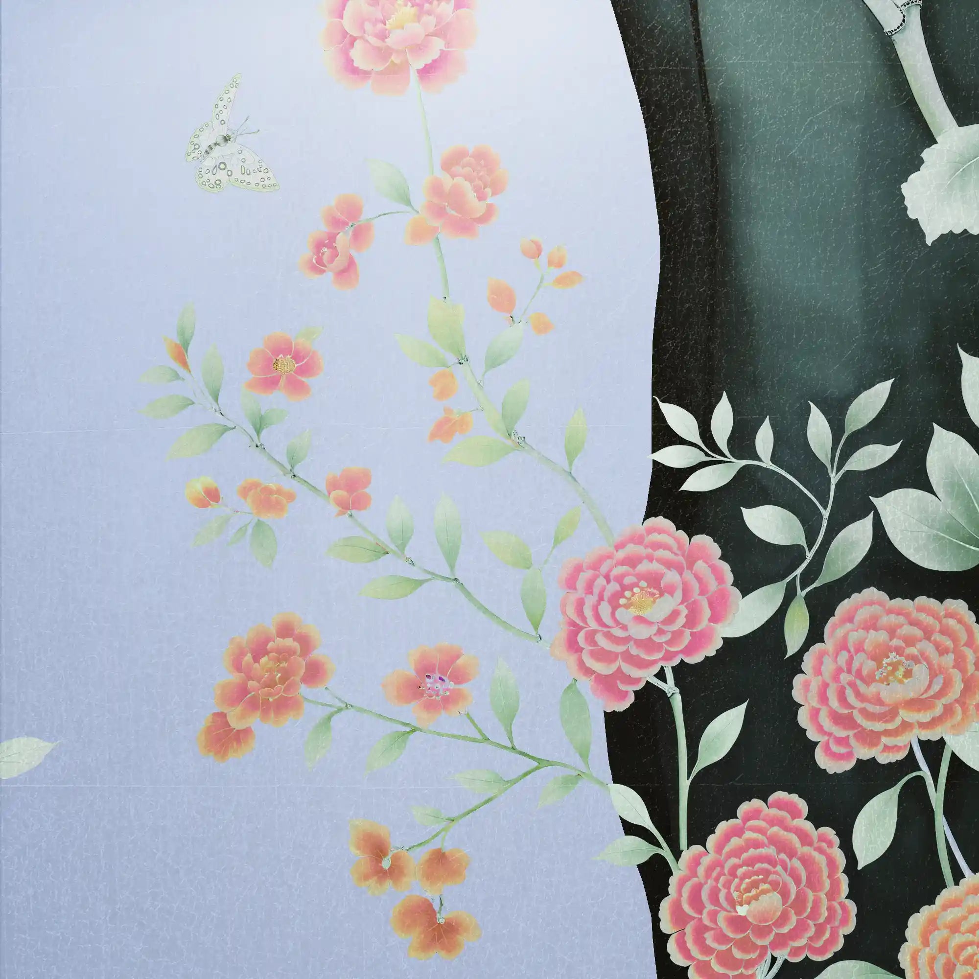 梦幻般的紫色金属叶 Chinoiserie 壁纸，具有精致的金属光泽和永恒的艺术性。