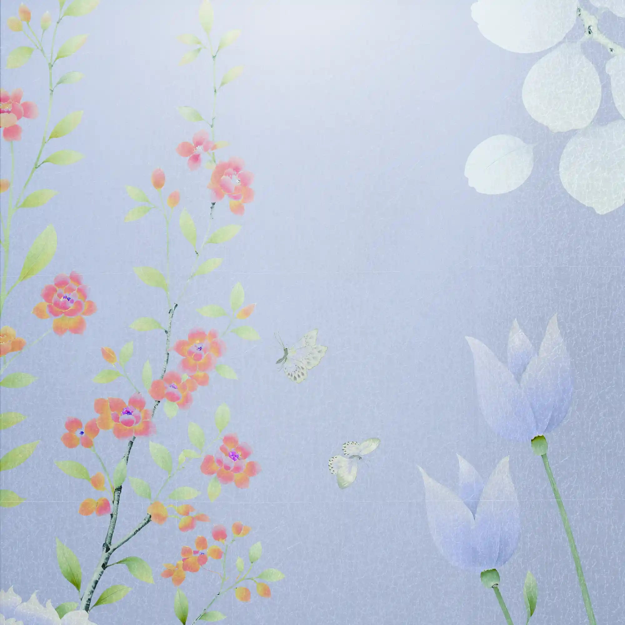 紫色金属叶中国风墙纸特写，展现优雅的花卉纹理和精美细节。