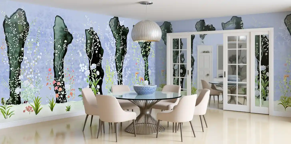 Purple metallic leaf Chinoiserie wallpaper in dining room, elegant and artistic