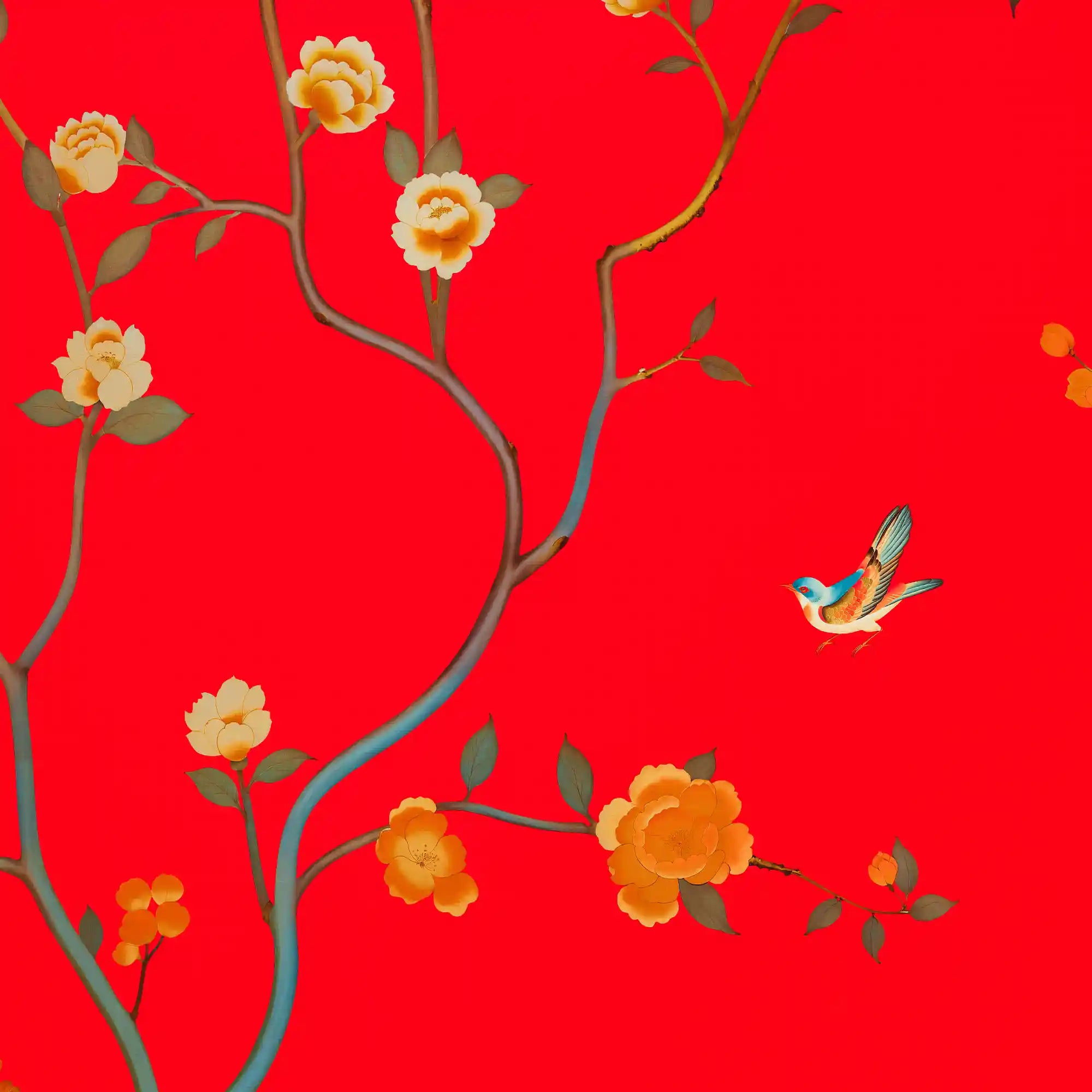 鲜艳的中国红墙纸，对比强烈，笔触富有艺术感。