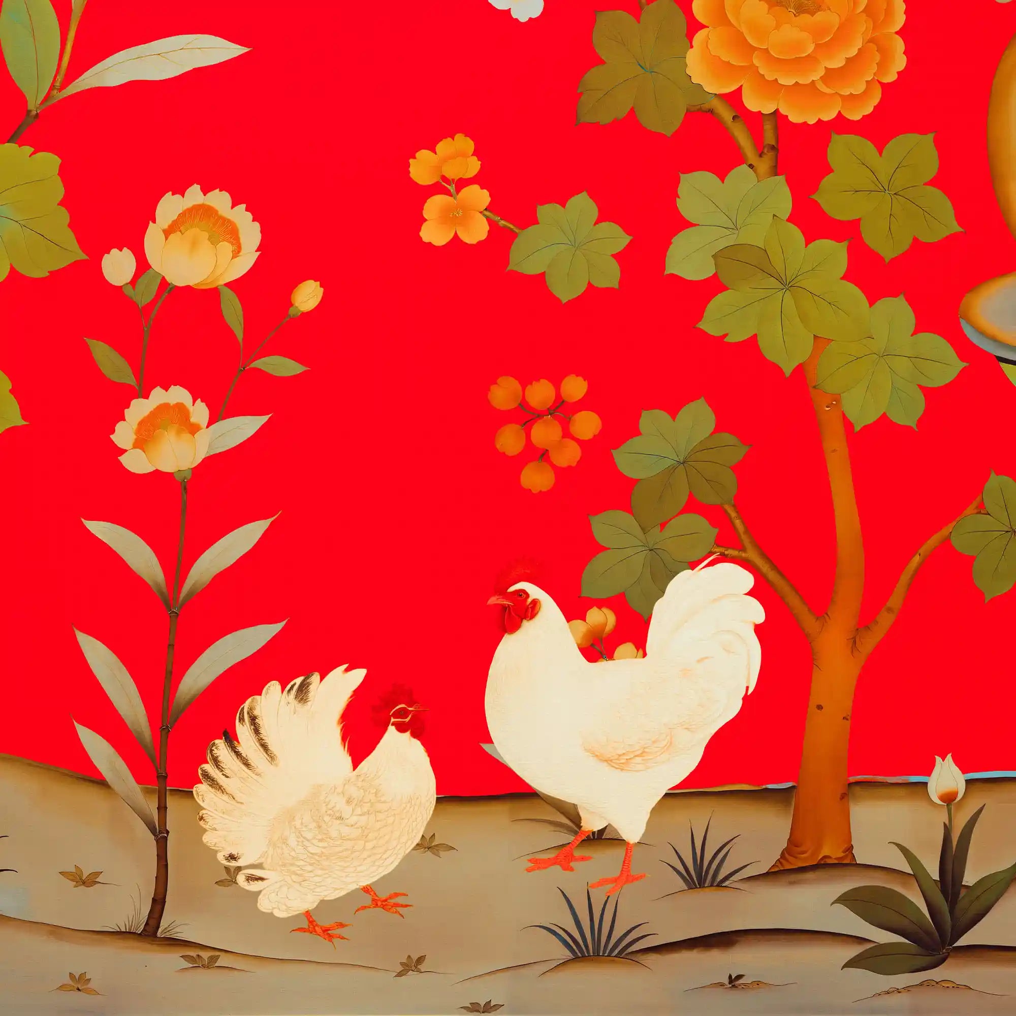 红色中国风墙纸特写，显示出精细的线条细节和丰富的色彩。