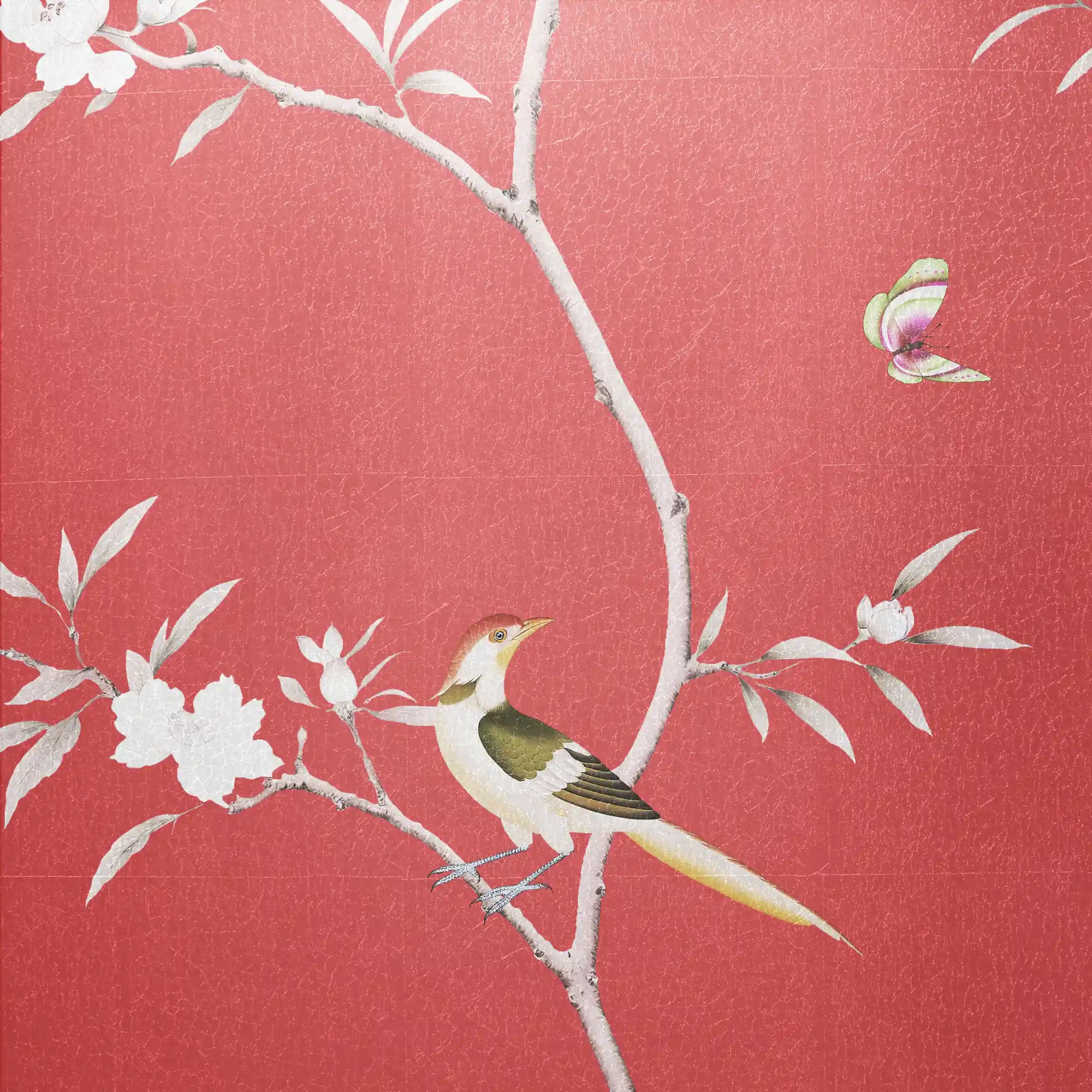 鲜红的金属花叶墙纸，具有经典的丰富色调和柔和的金属质感。