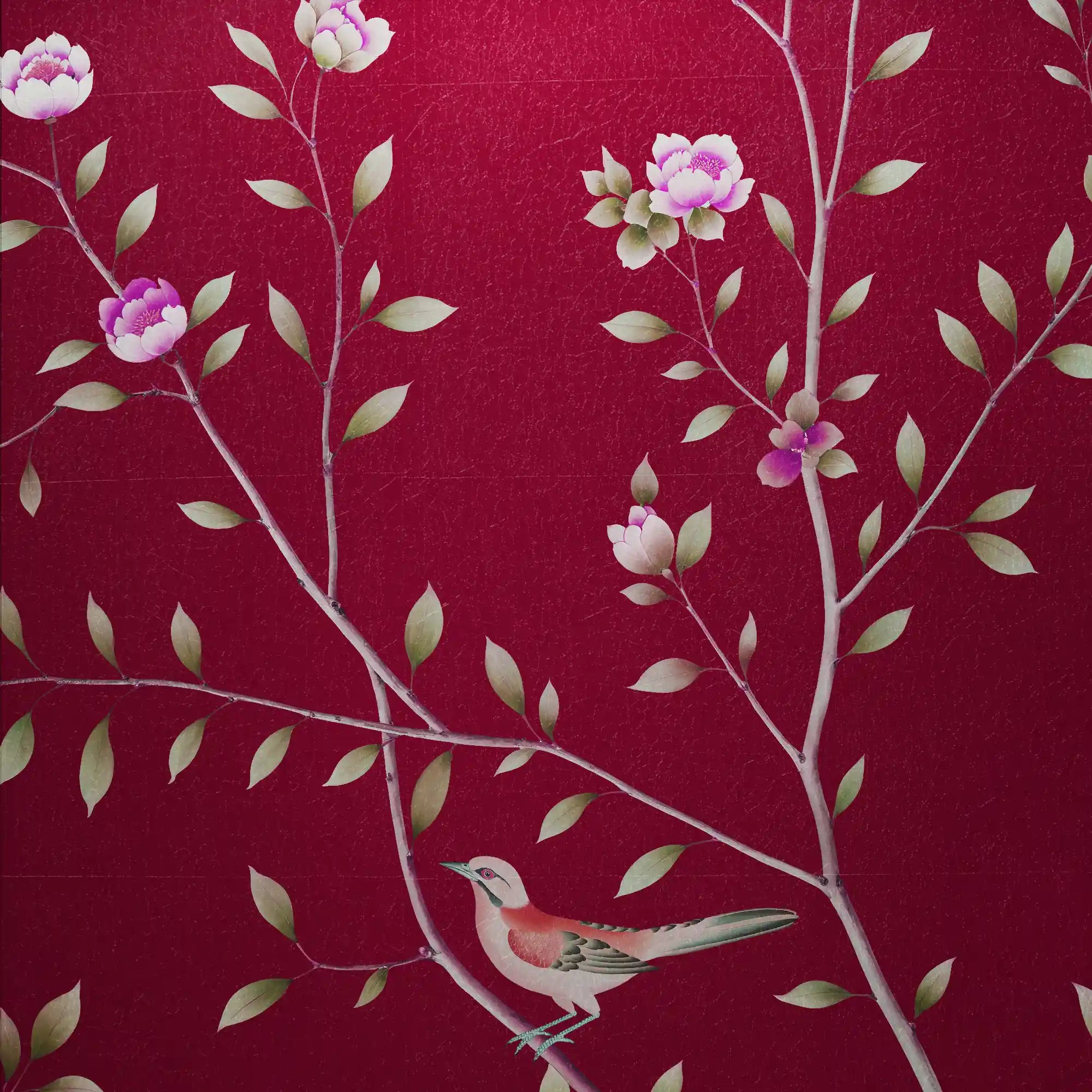 Close-up of red floral metallic leaf Chinoiserie wallpaper highlighting vibrant petals and luxurious metallic texture.