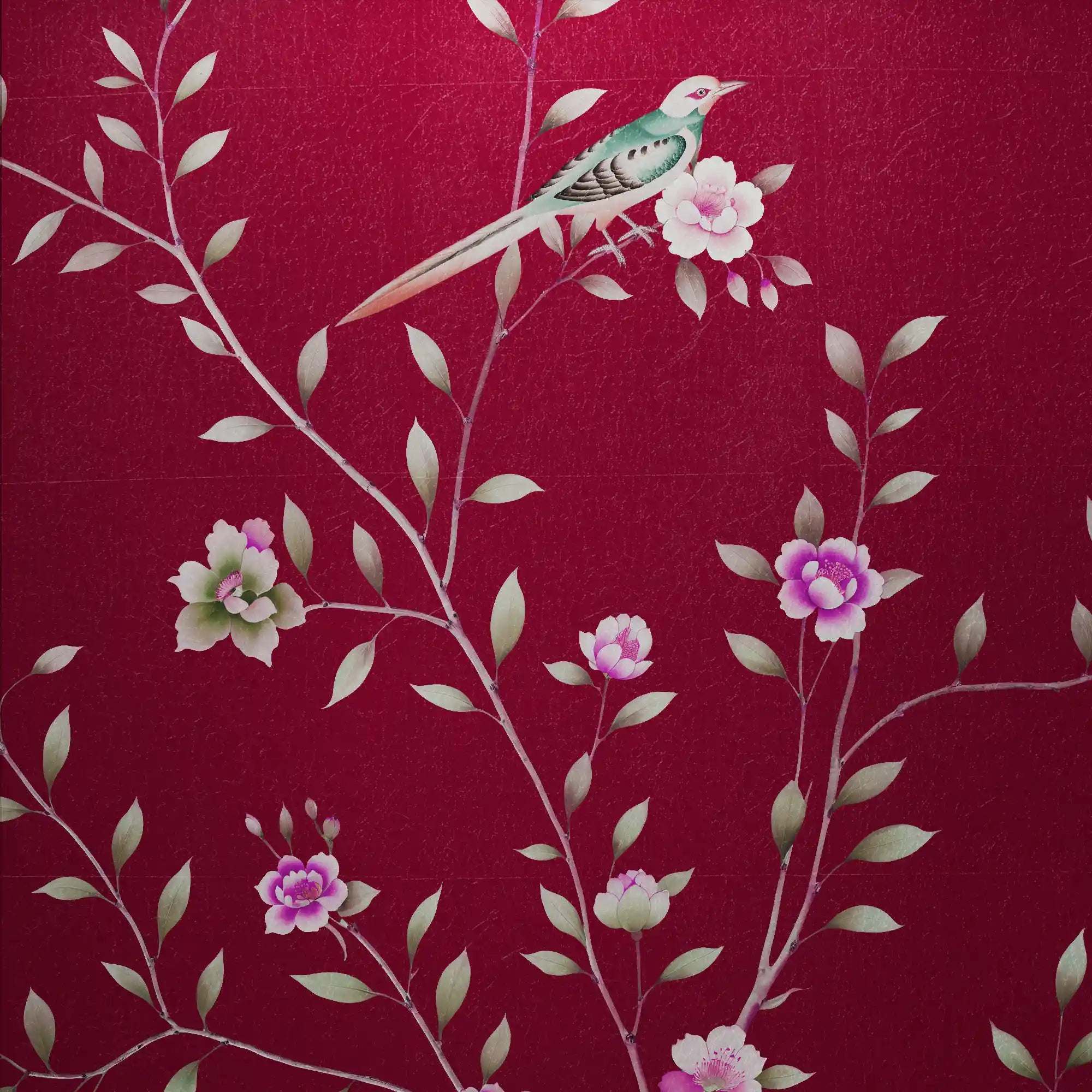 Close-up of red floral metallic leaf Chinoiserie wallpaper highlighting vibrant petals and luxurious metallic texture.