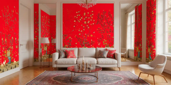 Red Chinoiserie wallpaper in living room, vibrant and stylish