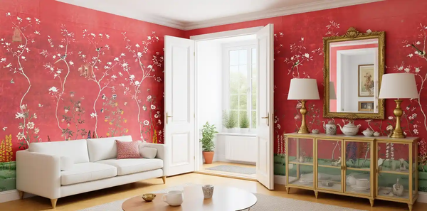 Red floral metallic leaf Chinoiserie wallpaper in living room, bright and elegant