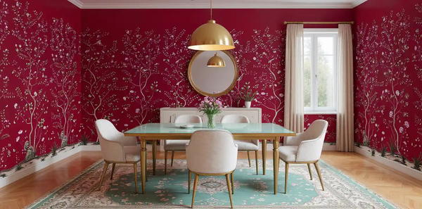 Red floral metallic leaf Chinoiserie wallpaper in dining room, bold and elegant