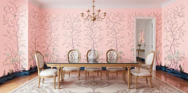 Pink floral metallic leaf Chinoiserie wallpaper in dining room, delicate and soft