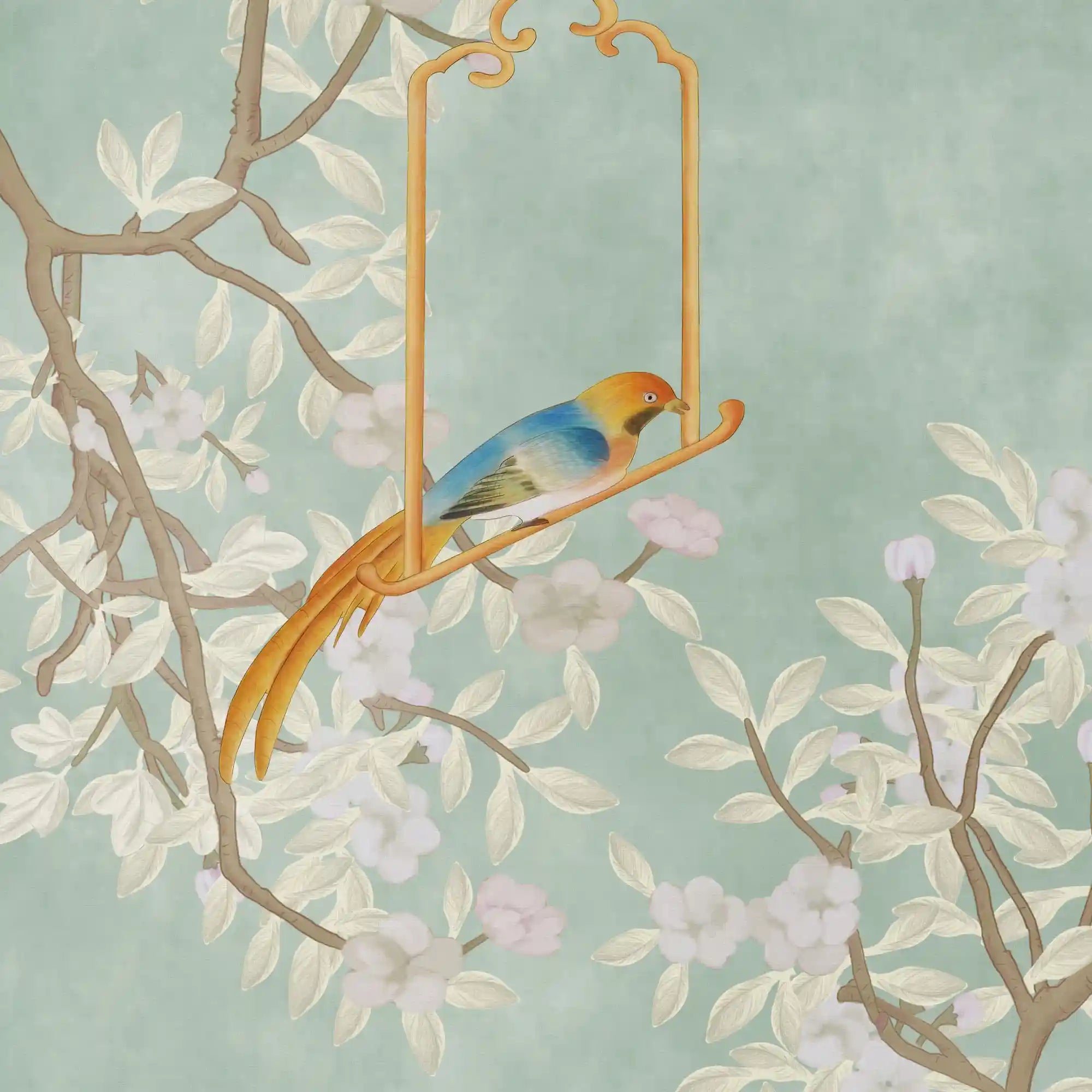 Close-up of vintage green Chinoiserie wallpaper showing intricate foliage details and soft tones.