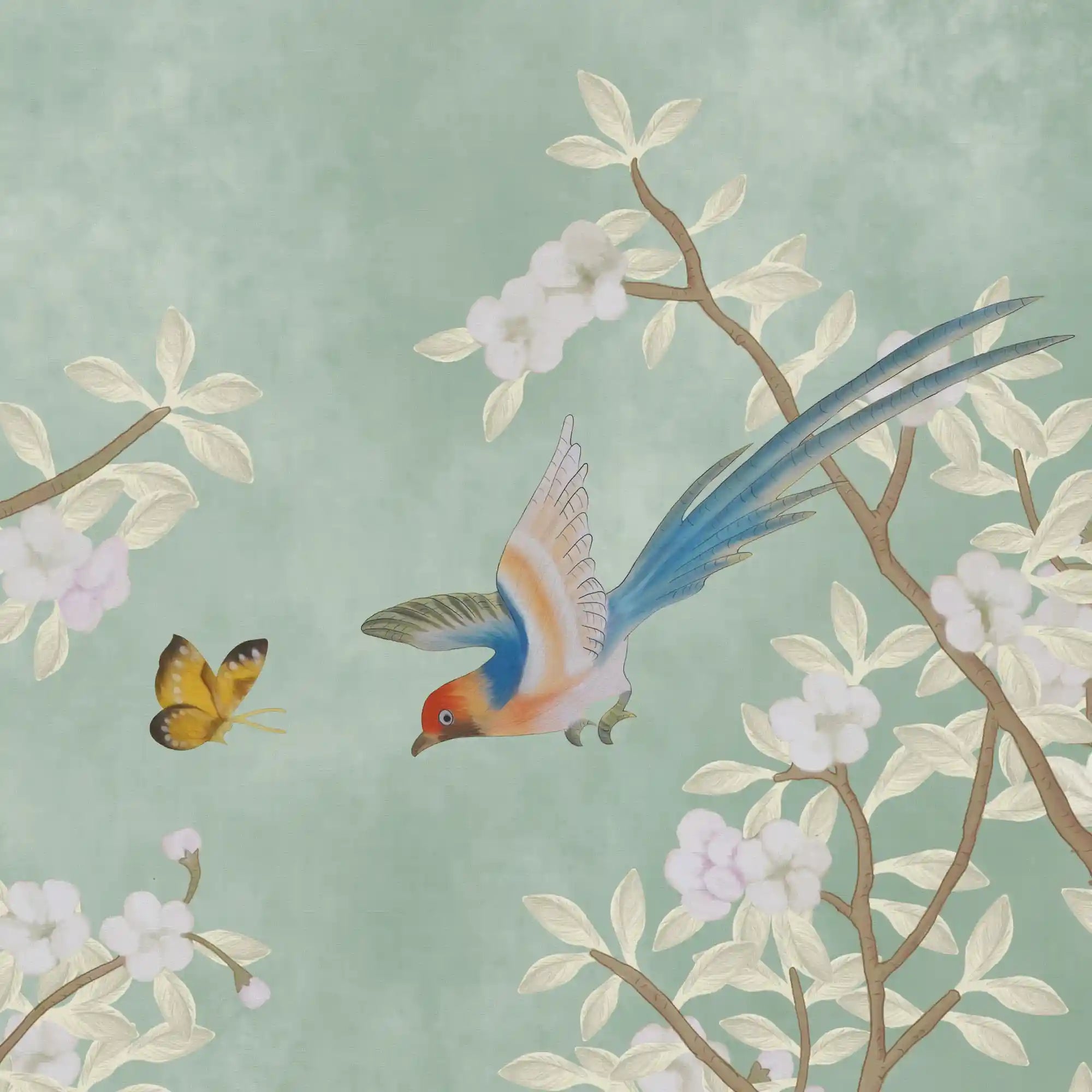 Classic vintage green Chinoiserie wallpaper featuring delicate florals and serene texture.