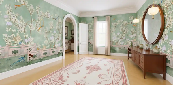 Vintage green Chinoiserie wallpaper in gallery, classic style