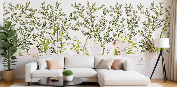 White Chinoiserie wallpaper in living room, classic and elegant style