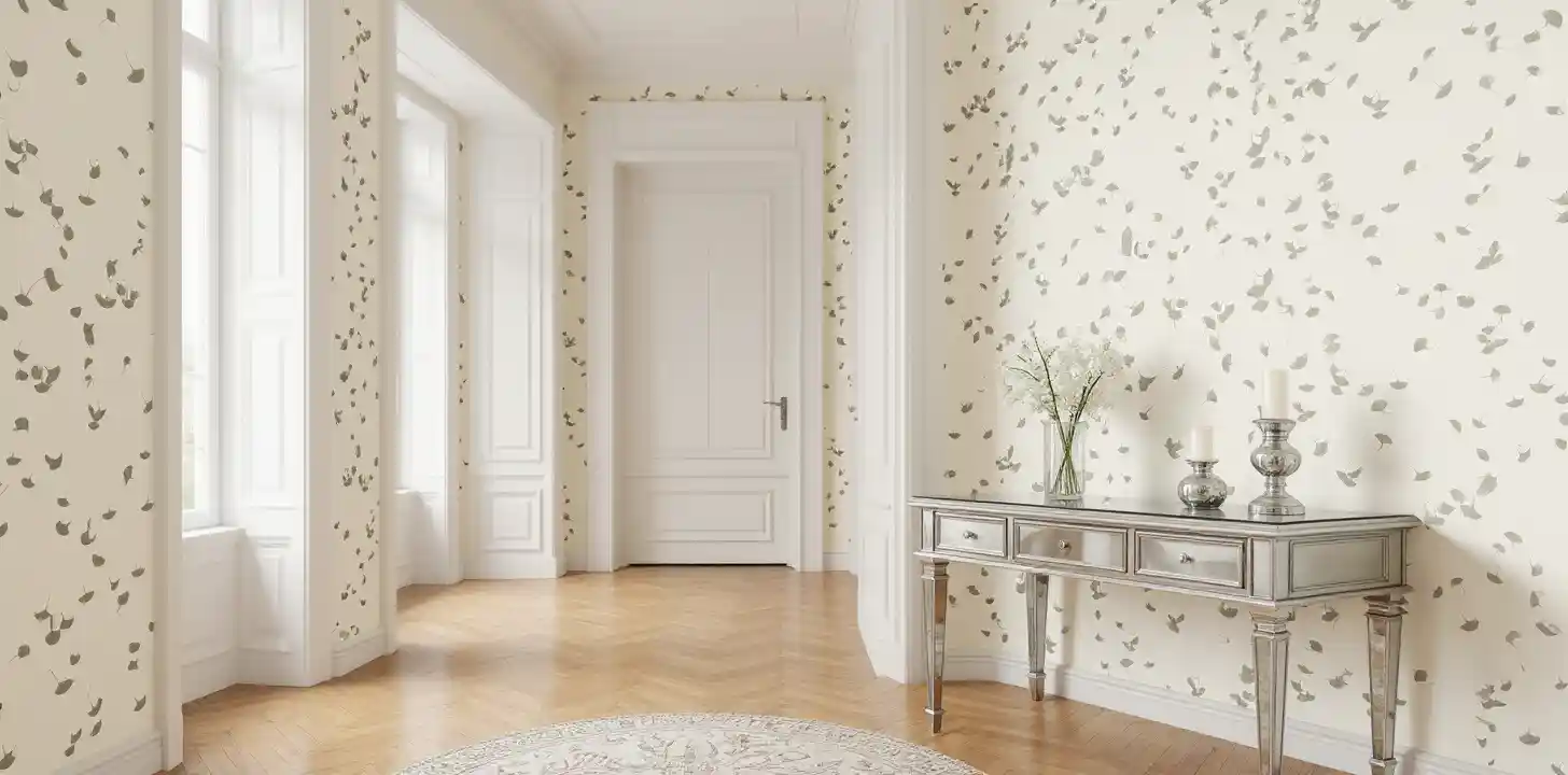 Ginkgo Chinoiserie wallpaper in hallway, elegant and bright