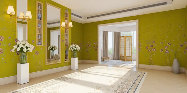 Yellow Chinoiserie wallpaper in foyer, classic and welcoming